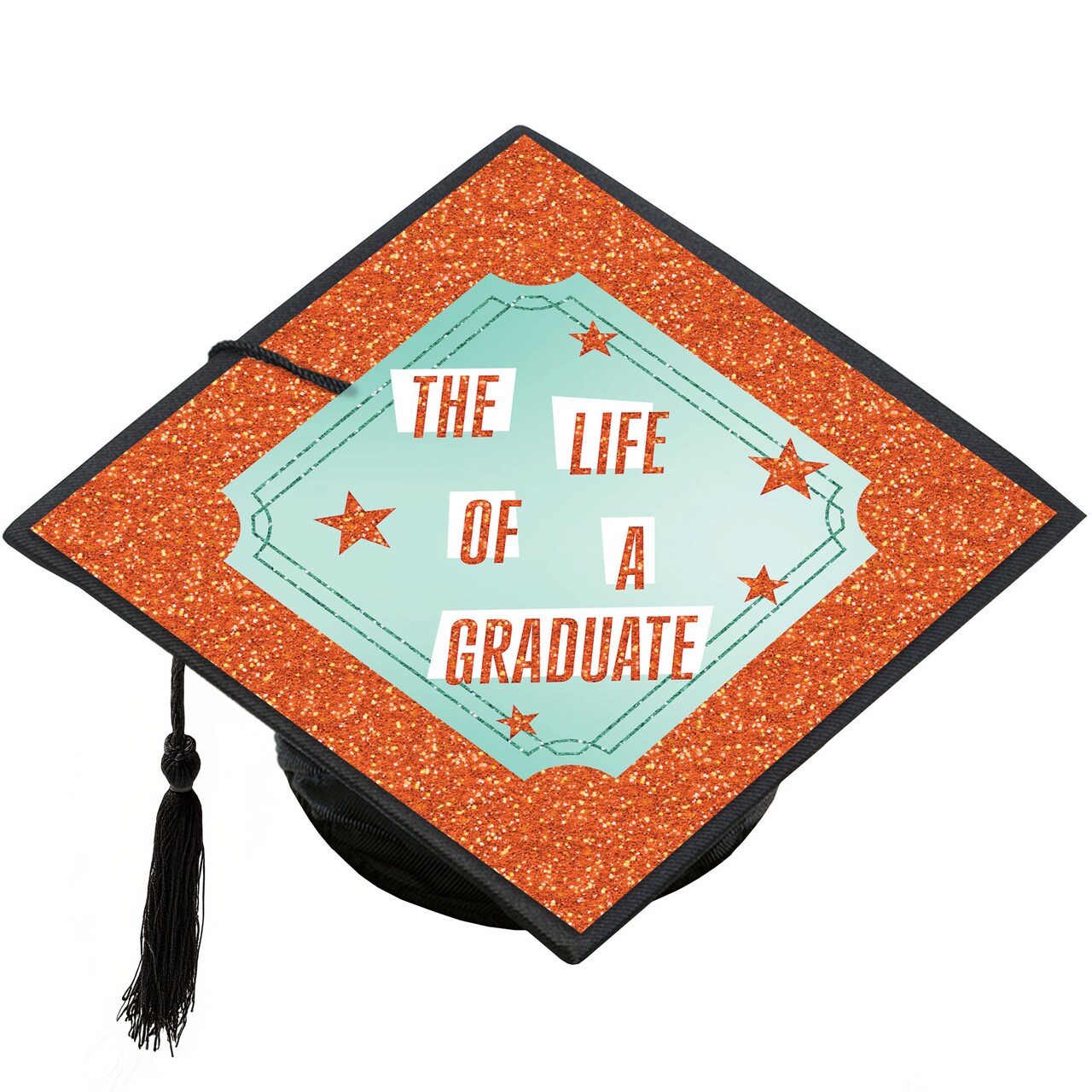 Big Dot of Happiness The Life of a Graduate Grad Cap Cover, Orange & Green Showgirl Era Graduation Cap Decor Kit for High School or College - 1 Count